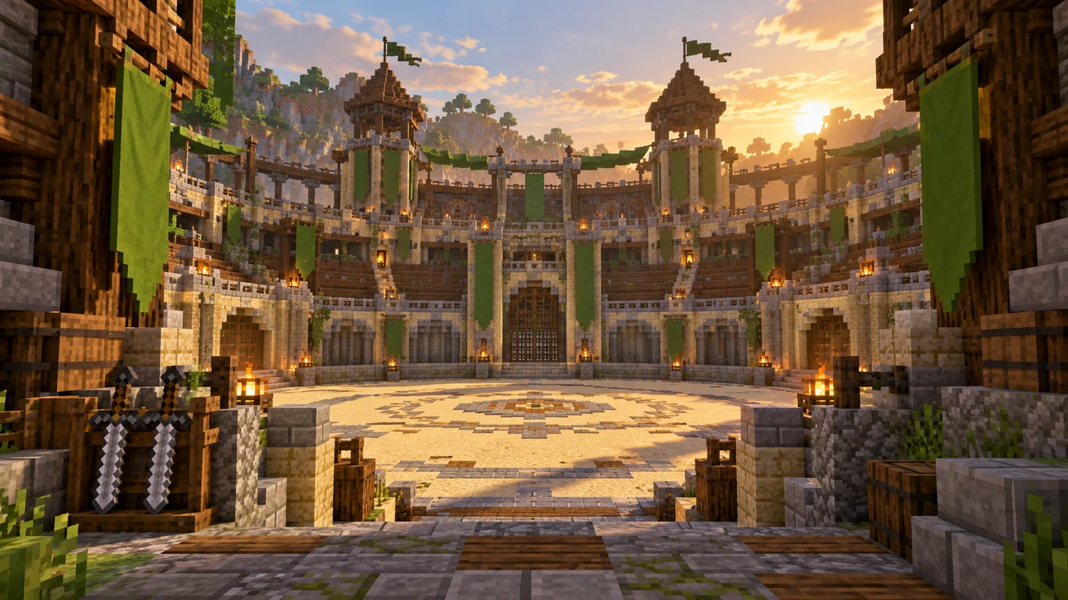 Иллюстрация PvP: каменная арена с зелёными знамёнами и стойкой с мечами